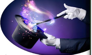 Magician gloves and a top hat and wand with magic light coming out of the hat