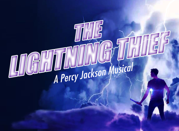 The Lightning Thief image with purple smoke and lightning and a boy with a sword