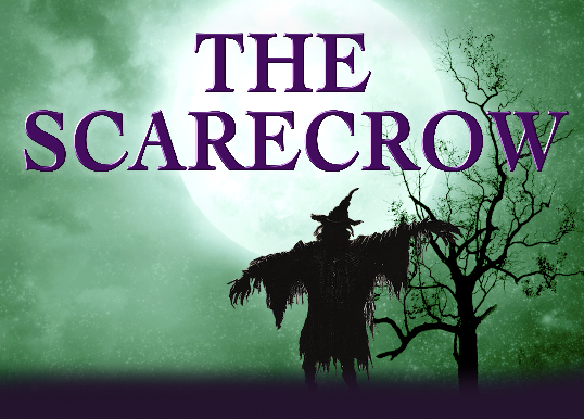 The Scarecrow with green background and scarecrow and dead tree silhouette