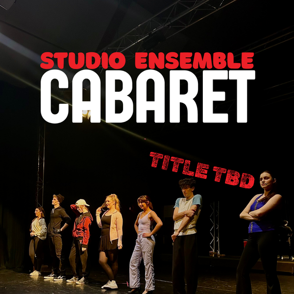 Image of performers in a line on stage with the title over top