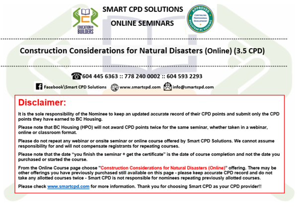 (Online) Construction Considerations for Natural Disasters